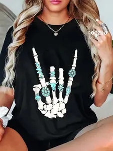 100% Cotton Skeleton with Turquoise Hand Western Skeleton Rings Lover T-Shirt