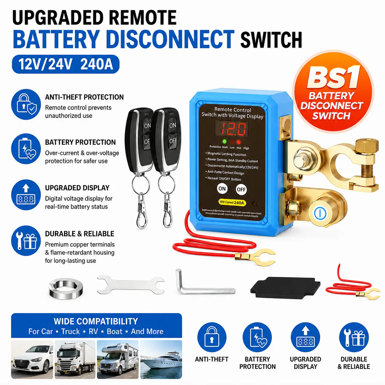 Upgraded Remote Battery Disconnect Switch 12V/24V 240A with Digital Voltage Display Anti-Theft Protection & Free Install Kit for Car/Truck/RV/Boat