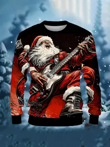 Men's 3D Printed Santa Claus Music Sweatshirt with Fun Christmas Patterns, Pullover, Casual Loose Fit, Round Neck, Long Sleeve Top