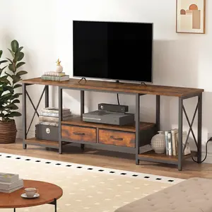 Industrial Rustic Brown TV Stand with Power Outlet – Entertainment Center with 2 Fabric Drawers & Open Shelves – for Living Room & Bedroom