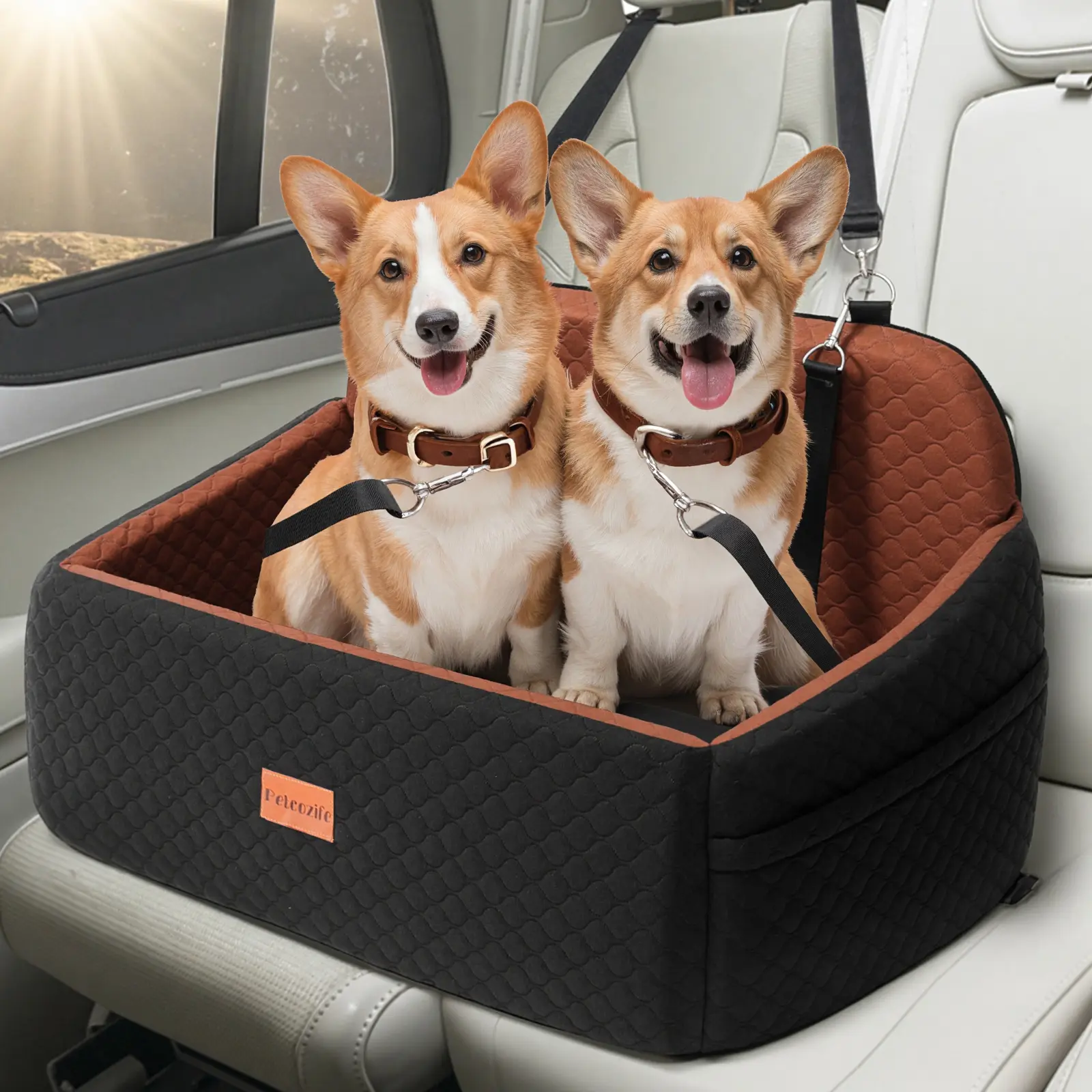 Dog Car Seat for Large-Medium Dogs (Under 55 lbs or 2 Puppies) - Fabric, Orthopedic Support, Adjustable Headrest Strap, High-Density Egg-Crate Foam, Machine Washable, Removable Cushion, 2 Safety Leashes, Automotive Backseat Travel Bed (Black, Brown), Remo