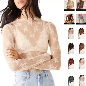Tanming Womens Mesh Tops Lace Spring Long Sleeve Shirts Slim Fitted Outfits See Through Blouses Springfresh Summer Top #SpringStatements