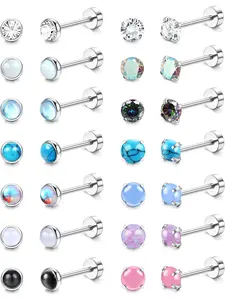 14Pairs Hypoallergenic Flat Back Stud Earrings for Women Men Surgical Steel Screw Back Tiny CZ Opal Moonstone Turquoise Screwback Earrings Studs Set Piercing Jewelry