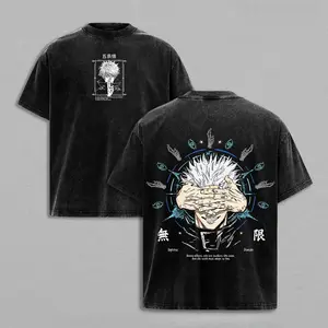 Satoru Gojo Jujutsu Kaisen Vintage Washed Graphic Tee Infinite Domain Six Eyes Unlimited Void Anime Print Streetwear Heavy Cotton Relaxed Fit Casual Retro Distressed Short Sleeve Crew Neck Top for Men Women Ideal Gift for Anime Enthusiasts