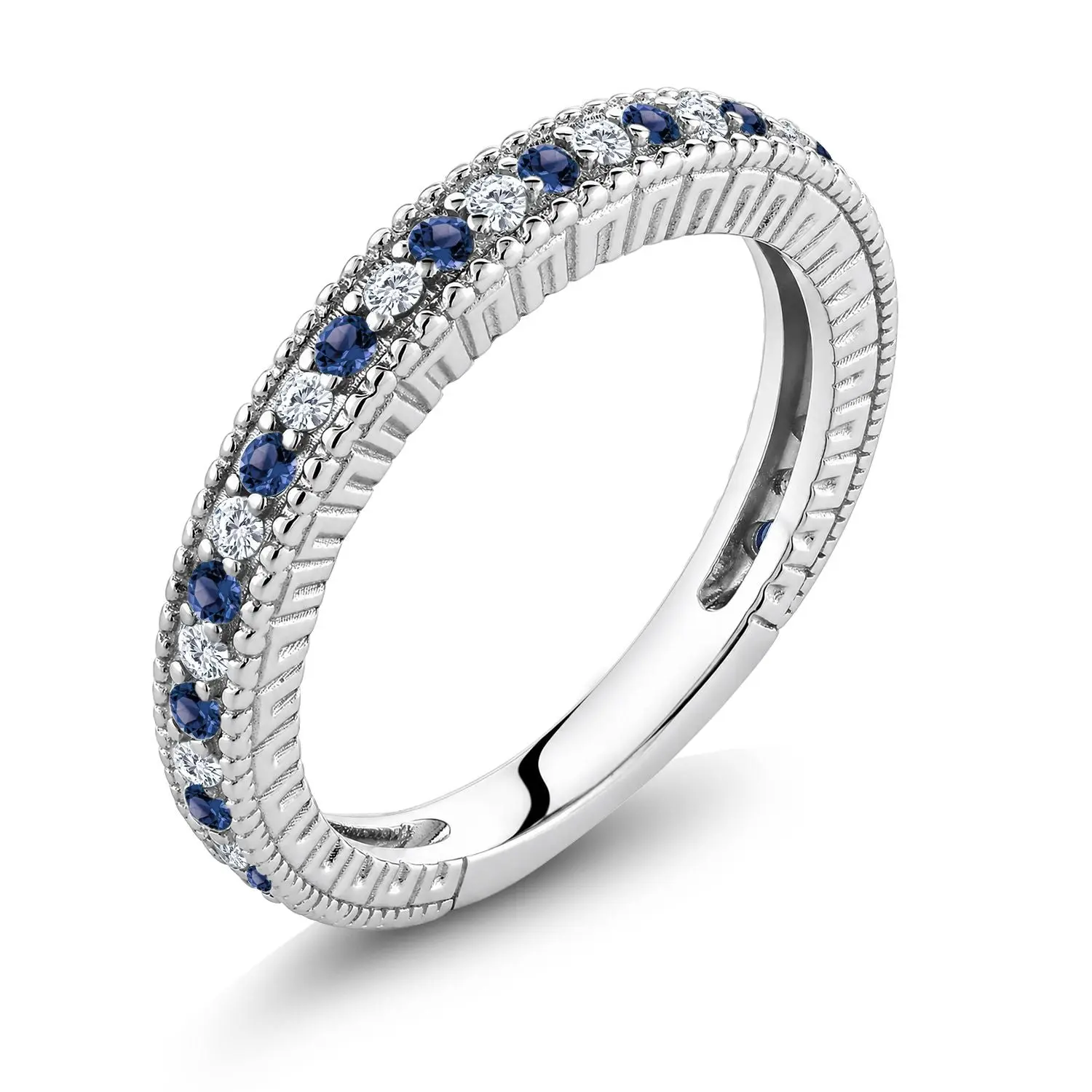 Gem Stone King Blue and White Created Sapphire Ring | 925 Sterling Silver | Ladies Anniversary Wedding Band Ring For Women | 0.48 Cttw | Available In Size 5, 6, 7, 8, 9