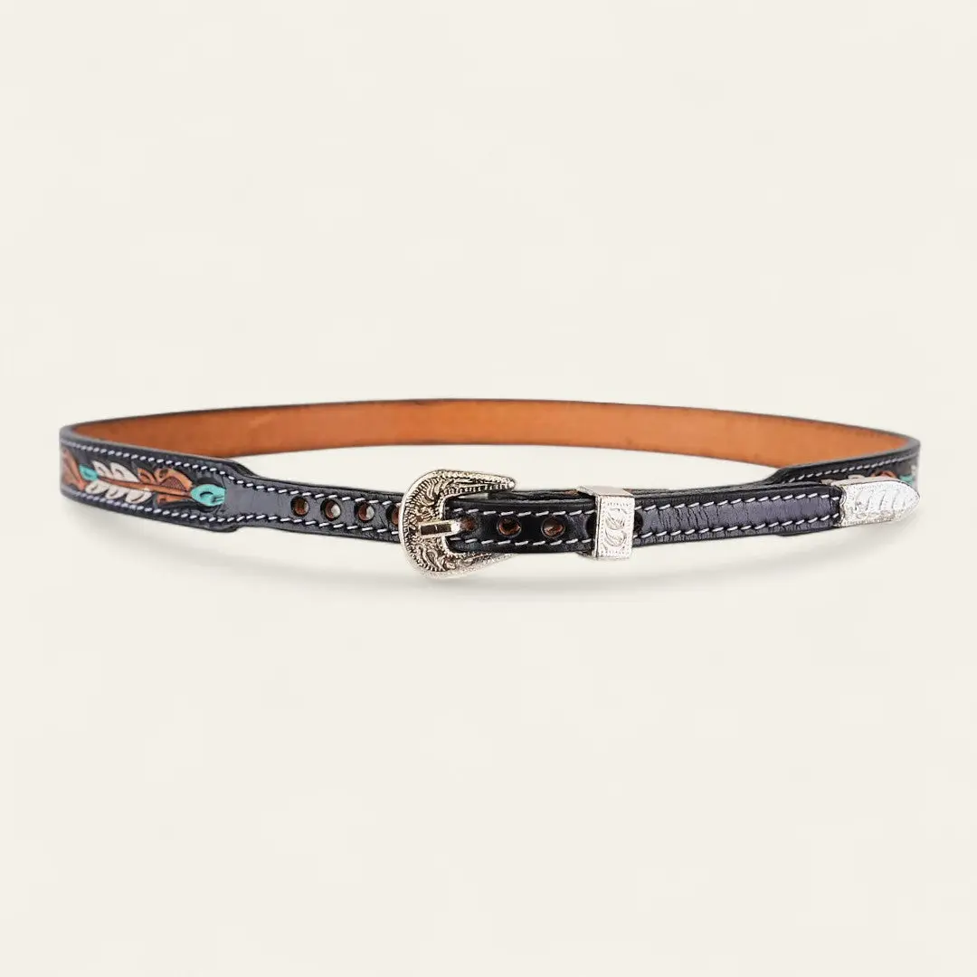 Handtooled  Hat Band - Feathers - Honey - Black - Turquoise