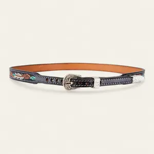 Handtooled  Hat Band - Feathers - Honey - Black - Turquoise
