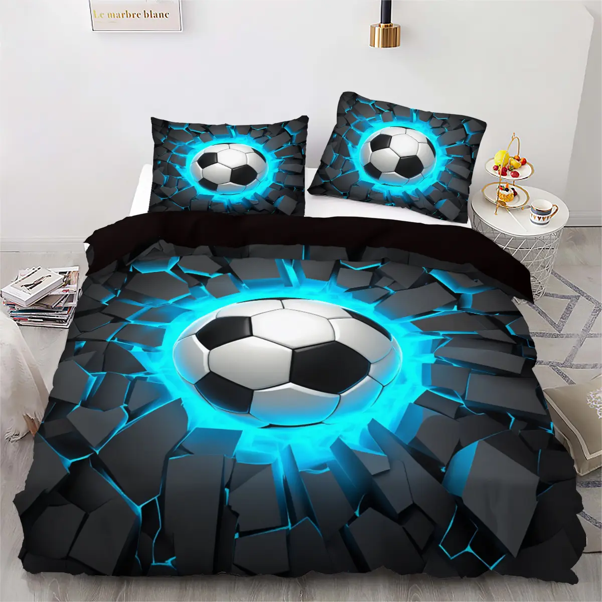 3-Piece Blue Football Print Bedding Set (1 Fitted Sheet + 2 Pillowcases), Polyester Cotton Fabric, Soft Comfortable, Bedroom Dorm Room Decor, Football Pattern Duvet Cover, Football Themed Bedding Set, Bedding Set With Football Design