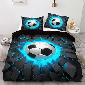 3-Piece Blue Football Print Bedding Set (1 Fitted Sheet + 2 Pillowcases), Polyester Cotton Fabric, Soft Comfortable, Bedroom Dorm Room Decor, Football Pattern Duvet Cover, Football Themed Bedding Set, Bedding Set With Football Design