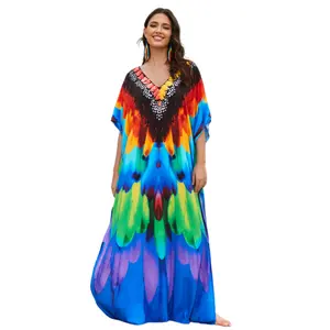 Women Ethnic Print Kaftan Dress Plus Size Swimsuit Cover Up,Mrs. Roper Kaftan, Swimsuit, bubu, mumu, Casual Womenswear Boho Caftan Baggy Fabric Viscose Summer Vneck