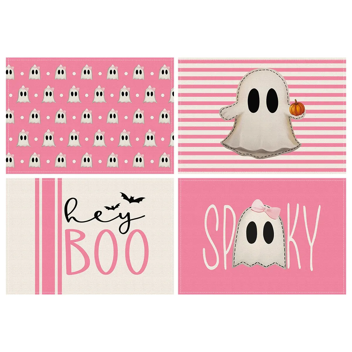 4pcs Halloween placemats, Rectangular pink striped horror bat ghost print Halloween placemats, Halloween party table decoration placemats, Halloween placemats, table decoration napkins, Halloween decorations