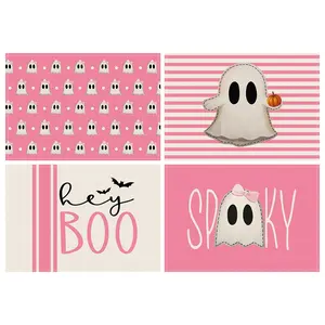 4pcs Halloween placemats, Rectangular pink striped horror bat ghost print Halloween placemats, Halloween party table decoration placemats, Halloween placemats, table decoration napkins, Halloween decorations