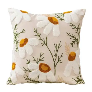 Rustic High-End Embroidered Throw Pillow 45x45cm for Sofa Living Room Luxurious Floral Design Headboard Cushion Without Insert White Flowers Yellow Centers Green Stems
