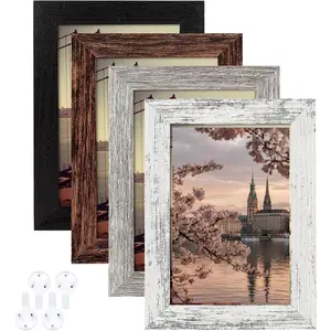 Picture Frame 5x7 Distressed Rustic Wood Pattern Set of 4 with Tempered Glass Wall Hanging & Table Top Family Photo Frame Multiple Sizes Gift Mothers Day Decor Pack Plastic Retro modern photoframe