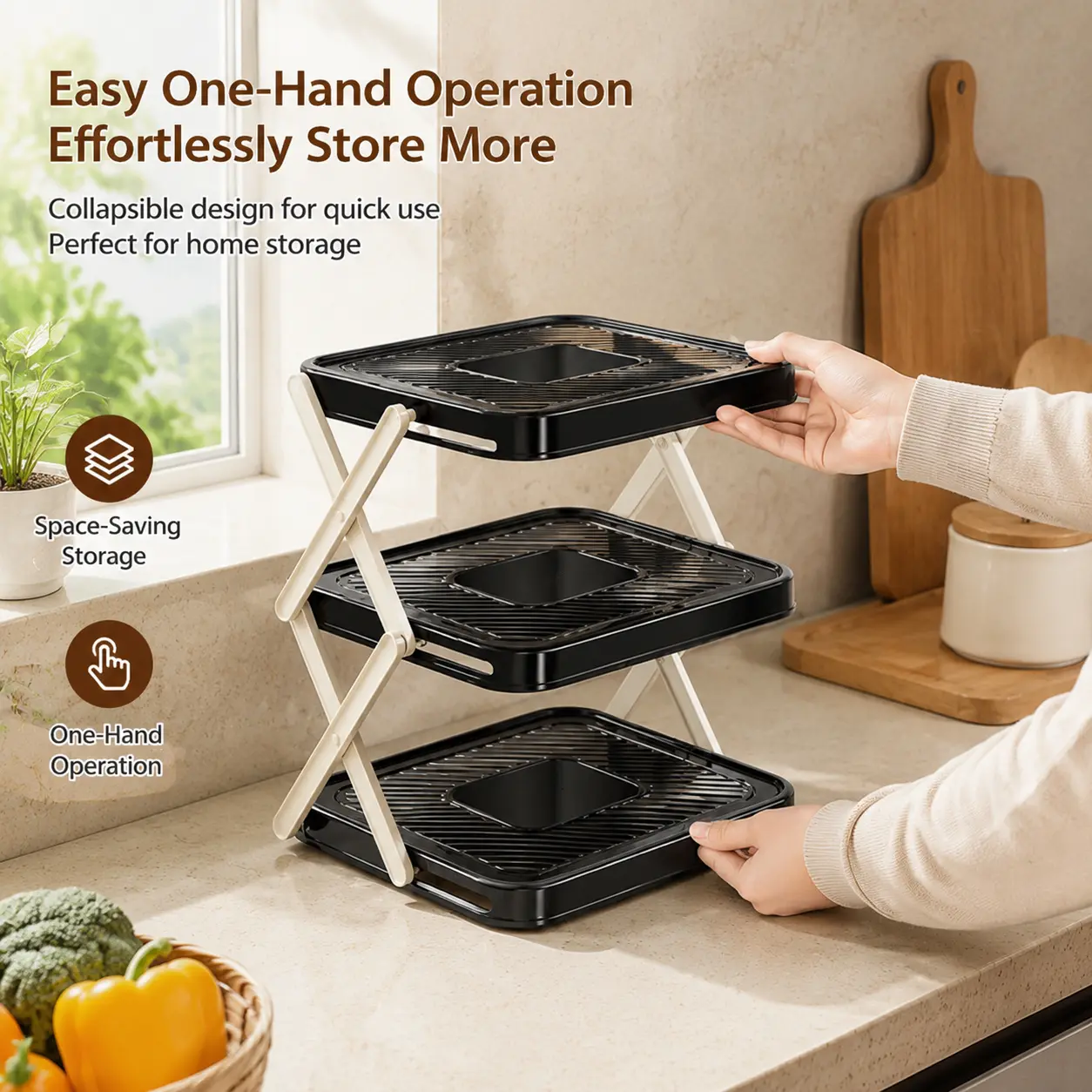 1 Count, Black 3-Tier Foldable Kitchen Countertop Shelf, Space Saving Organizer for Plates and Kitchen Prep Supplies
