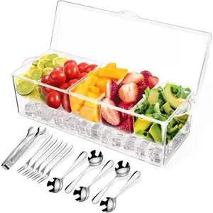 7CODE Condiment Tray with Stainless Steel 5 Spoons, 5 Forks and 1 Clip, Chilled Condiment Server, Condiment Server, Bar Garnish Holder on Ice, Bar Accessories Fruit and Salad with Removable Trays and Lid