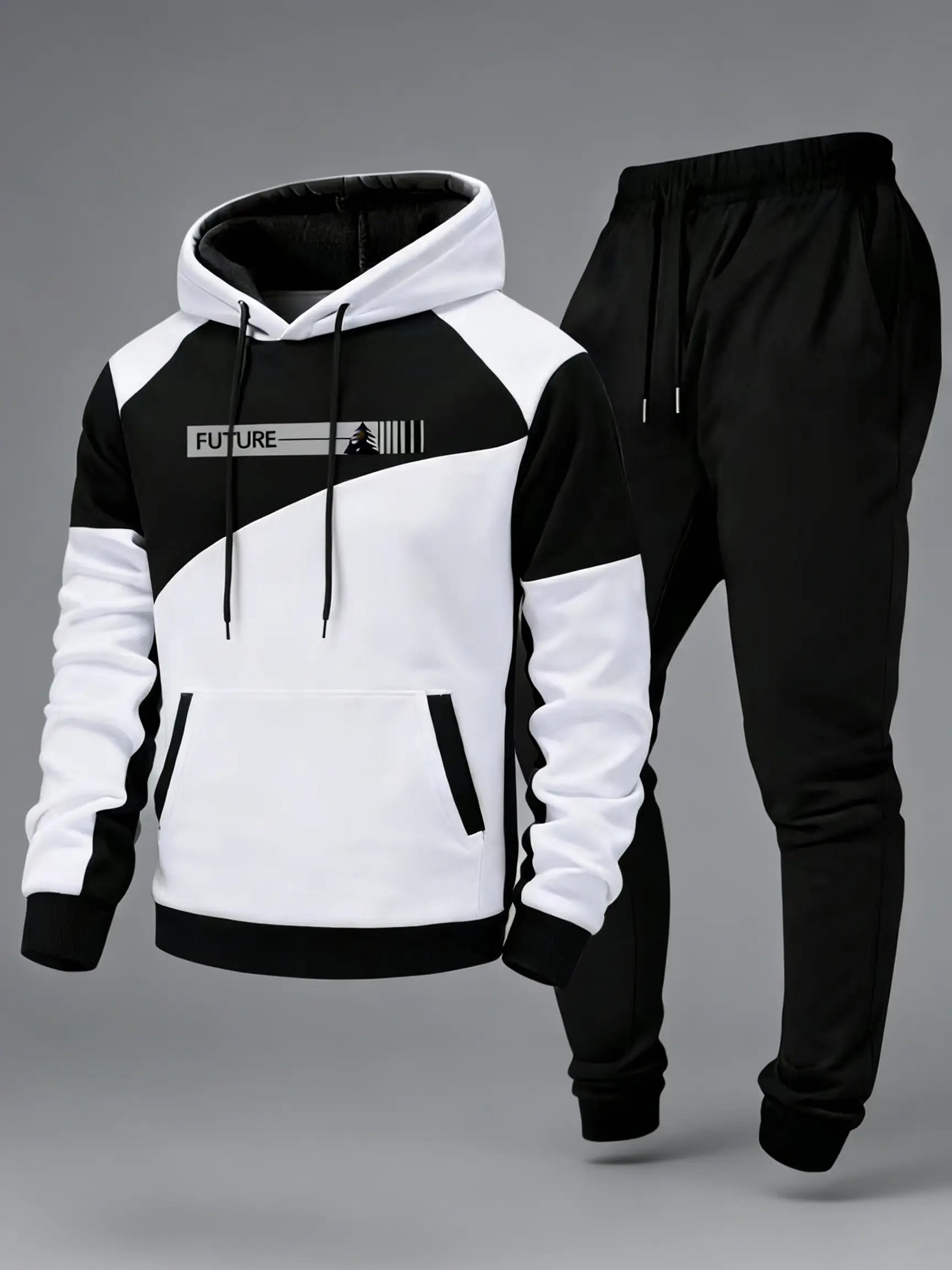Hoodie and Sweatpants Pants & Top Sets for Men, 2-Piece Athletic Casual Letter Print Outfit with Contrast Binding, Fitted Cut, Sporty Chic, Outfit Inspiration, Tracksuit, M