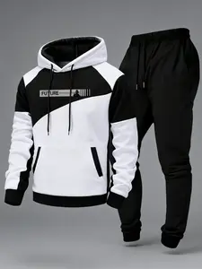 Black & White Contrast Panel Hooded Sweatshirt with Jogger Pants - Trendy Casual Tracksuit for Men