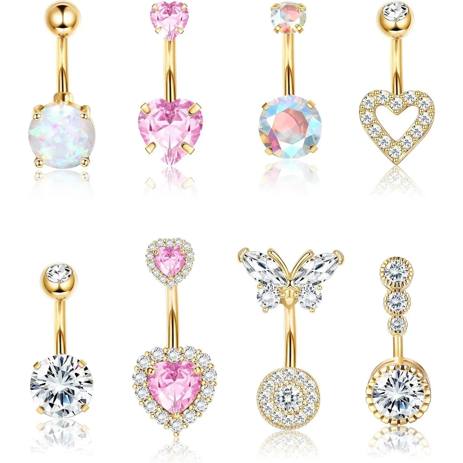 Women's 14G Surgical Stainless Steel Navel Ring - Hypoallergenic, Tarnish-Proof Bling Pink Heart Butterfly Cubic Zirconia Belly Button Rings, Bikini-Ready Glam Body Jewelry for Birthday, Belly Piercing Enthusiasts