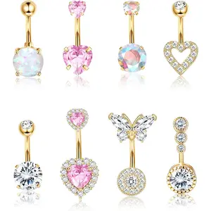 Trendy Belly Button Ring Dangle 14G Surgical Stainless Steel Hypoallergenic Pink Heart Butterfly Navel Piercing Jewelry for Women