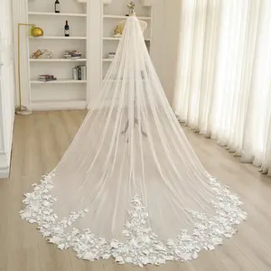 Floral Lace Cathedral Wedding Veil: 3D Flower and Pearl Tulle Bridal Veil