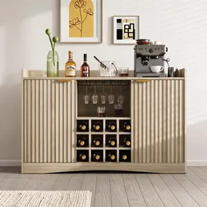 47" Wine Bar Cabinet with 9 Glass Holders, Fluted Liquor  Coffee Bar Cabinet with Storage for Dining Room, Sideboard Buffet Cabinet for Living Room