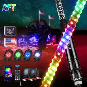 Nilight 2PCS 3ft Length RGB LED Whip & 4PCS Rock Combo - Remote & App Control, DIY Setup, Chasing Mode, Glow Spiral, Stop/Turn/Reverse Safety Antenna for ATV, UTV