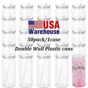 Crafix 50pcs Reusable Portable Double-Wall Plastic Tumbler Snowglobe Cups, 16-20oz Pre-Drilled Hole Water Bottles with Straw Compatibility