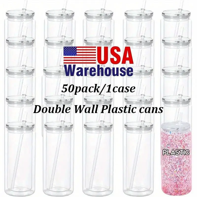 25/50-Pack 16oz Double Wall Clear Plastic Snowglobe Cups - 16/20oz, Pre-Drilled Holes, Stoppers Included, Portable Straw-Compatible Drinkware for Kitchen Use