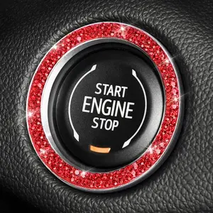 Women's 2-Piece Red Push Start Button Cover Ring, Crystal Diamond Rhinestone Engine Start Emblem Sticker, Glitter Girly Car Accessories, Car Interior Decor & Interior Stickers
