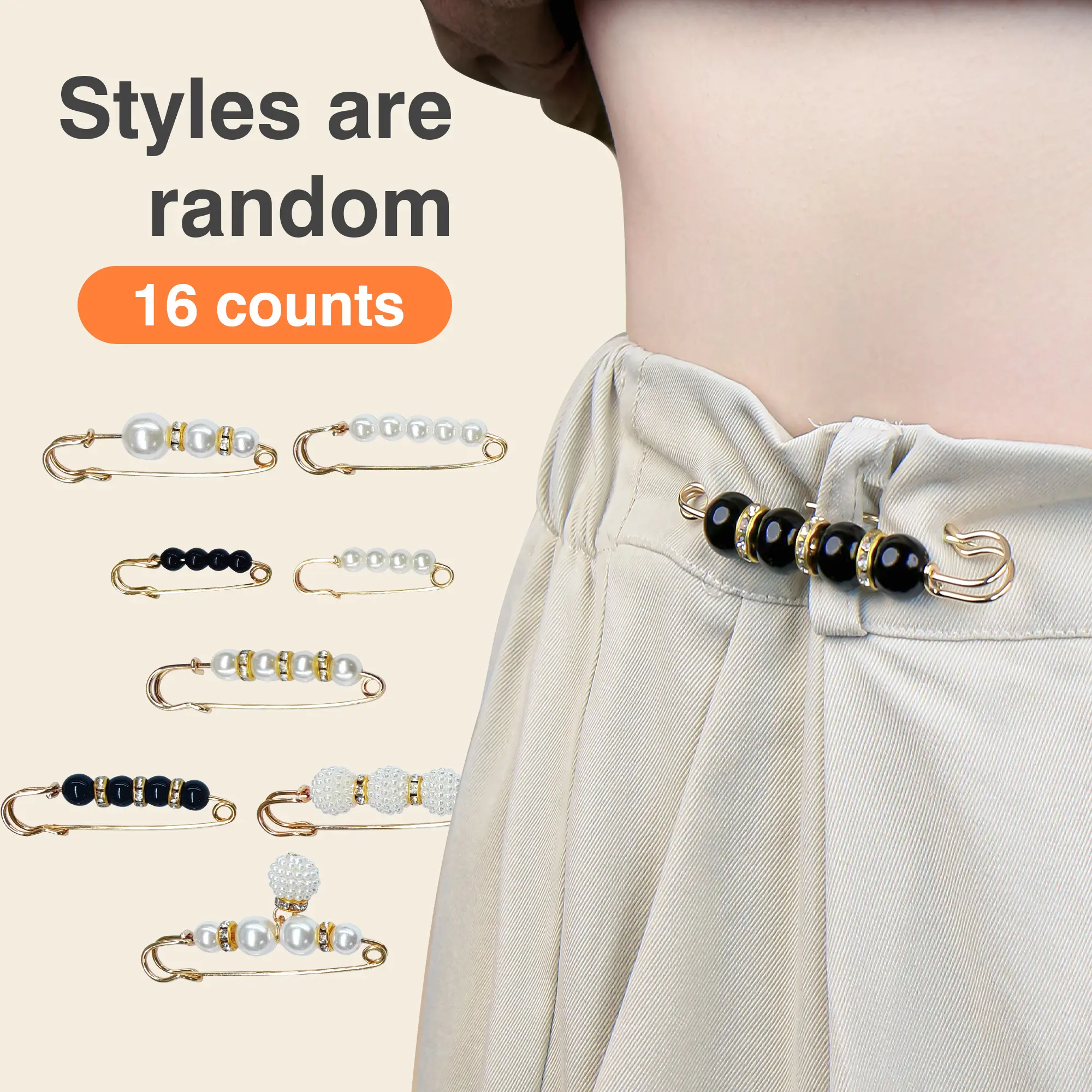 16 Counts Pearl Brooch Pins, Faux Pearl Apparel Accents, No Sewing Sweater Shawl Safety Pins Cardigan Collar Safety Pins for Women Pant Tightener, Mixed Style Assortment