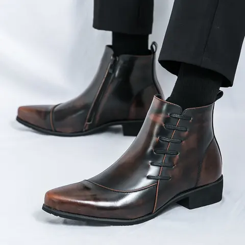 Men's Premium Leather Ankle Boots - Classic Pointed Toe, Dual Zipper, Cushioned, Elastic, Rubber Sole, Elegant Contrast Stitch Footwear Fashion for Formal, Wedding Wear, All-Season Slip-On Design