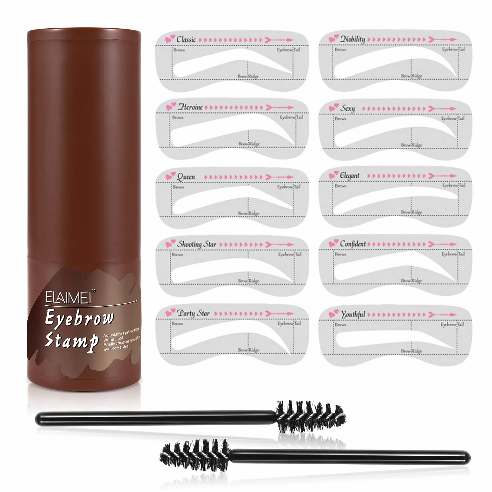 Elaimei Eyebrow Stamp Kit with 2 Brushes & 10 Stencils, Adjustable Waterproof Eyebrow Shaping Set for Women, Suitable for All Eye Shapes, Eyebrow Products