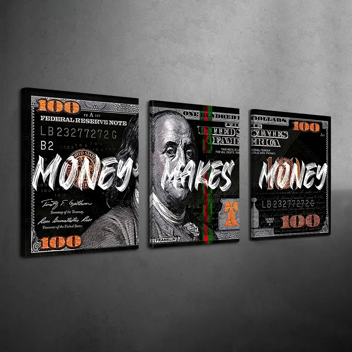 3 PCS Money-Themed Framed Canvas Print Set, Attract Wealth Graphic Wall Decor, Waterproof HD Fade-Resistant Hangable Posters, Gift-Ready Housewarming Gift for Living Room, Office