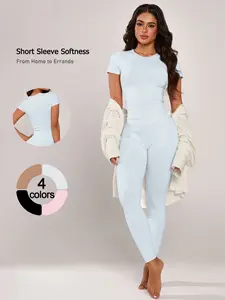 2-piece set women's home suit set comfortable round neck short sleeved pants solid color tight fitting high elasticity casual home and travel women's seamless pajamas set