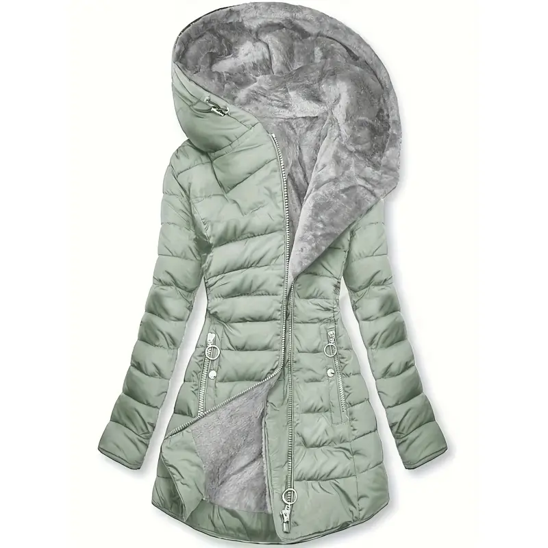 Women's 2026 Winter Fleece-Lined Hooded Jacket - Mid-Length, Loose Fit, Zip Front Longsleeves Outerwear, Instant Warmth Daily Wear Cold Weather Casual Womenswear Top, Daily Wear Jackets, Instant Warmth Women's Fleece Jackets