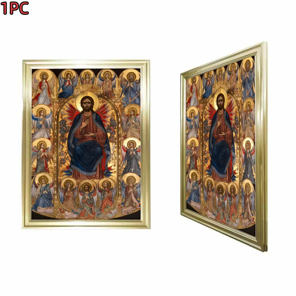 1pc Framed Gold Frame  Religious Icon Art Byzantine Style Christ Pantocrator Canvas Art Print For Church Home Decor And Living Room Wall Art With Gold Frame And Vibrant Colors