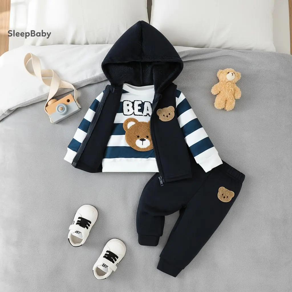 3Pcs Toddler Boy Winter Outfit Long Sleeve Crew Neck Bear Embroidery Sweatshirt Jogger Pants and Vest Coat
