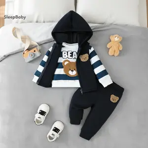 3Pcs Toddler Boy Winter Outfit Long Sleeve Crew Neck Bear Embroidery Sweatshirt Jogger Pants and Vest Coat