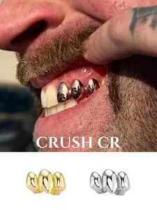 CRUSH CR 18K Gold Plated Irregular Surface Triple Tooth Grillz, Accessory, for Women Men, Bold Design in Gold and Silver, Perfect for Hip Hop Concerts, Club Nights, Casual Streetwear, Brunch Dates & Music Festivals