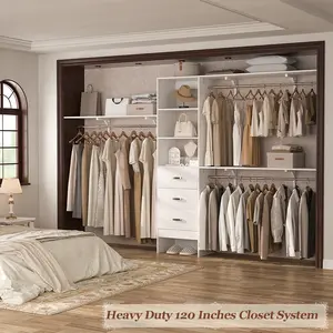 120 Inches Closet System - 10FT Walk In Closet Organizer with 3 Shelving Towers, Heavy Duty Clothes Rack with 3 Drawers, Built-In Garment Rack, 120" L x 16" W x 75" H, Max Load 1300 LBS