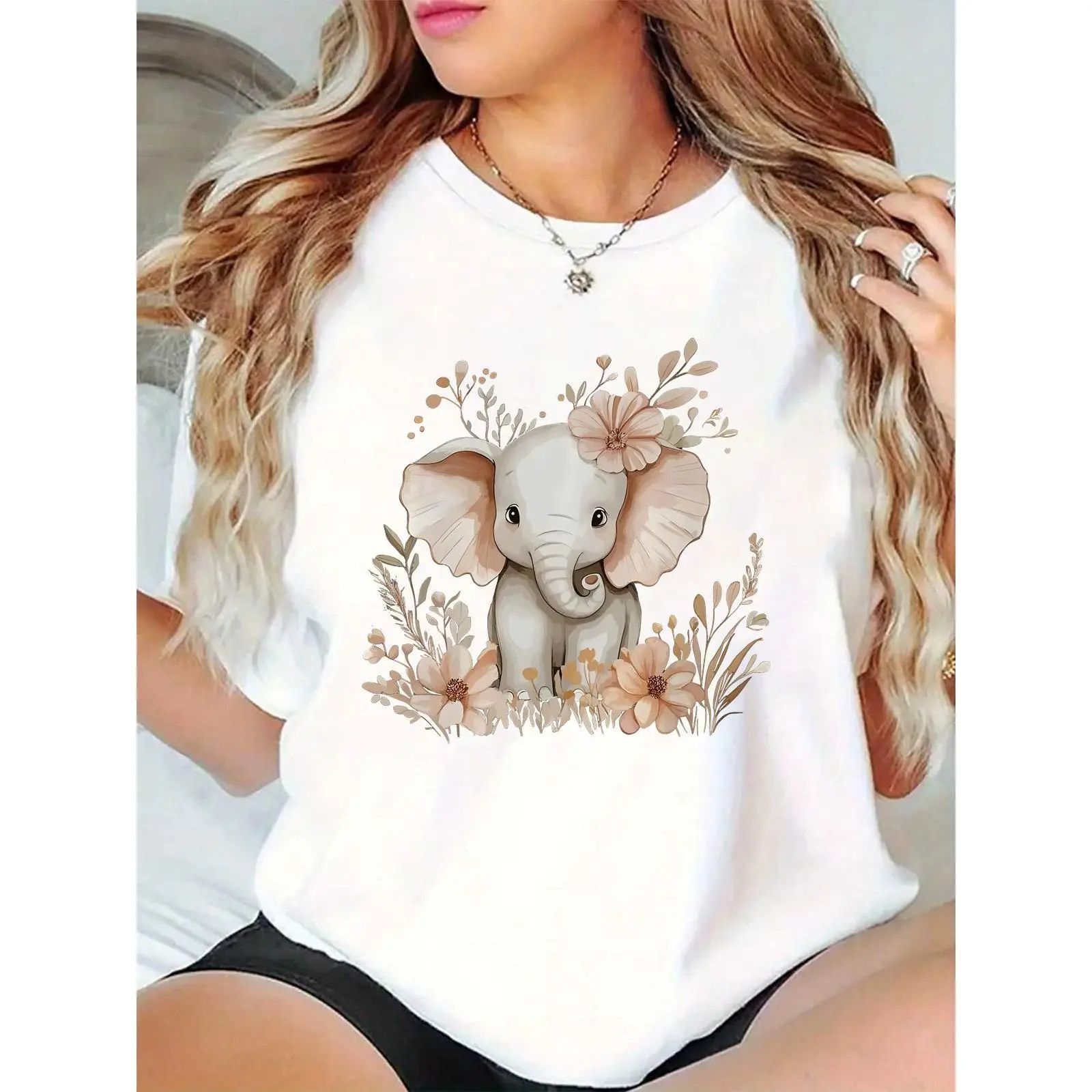 Women's Short-Sleeve 100% Cotton Crew Neck Loose-Fitting Tshirt - Cute Baby Elephant & Boho Botanical Floral Print, Lightweight, Breathable, Casual Top for Spring Daily Wear, Mother's Day Gifts, Comfortable, Shortsleeve, Round Neck, Skirts, Lady, T-Shirt