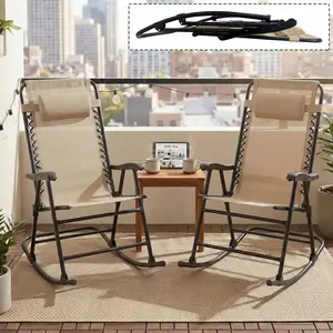 Patio Rocking Chair Set of 2, Folding Outdoor Rockers with Hard Armrests & Adjustable Headrest, Portable Camping Chairs for Lawn, Backyard, Beach, and RV Travel (Khaki)