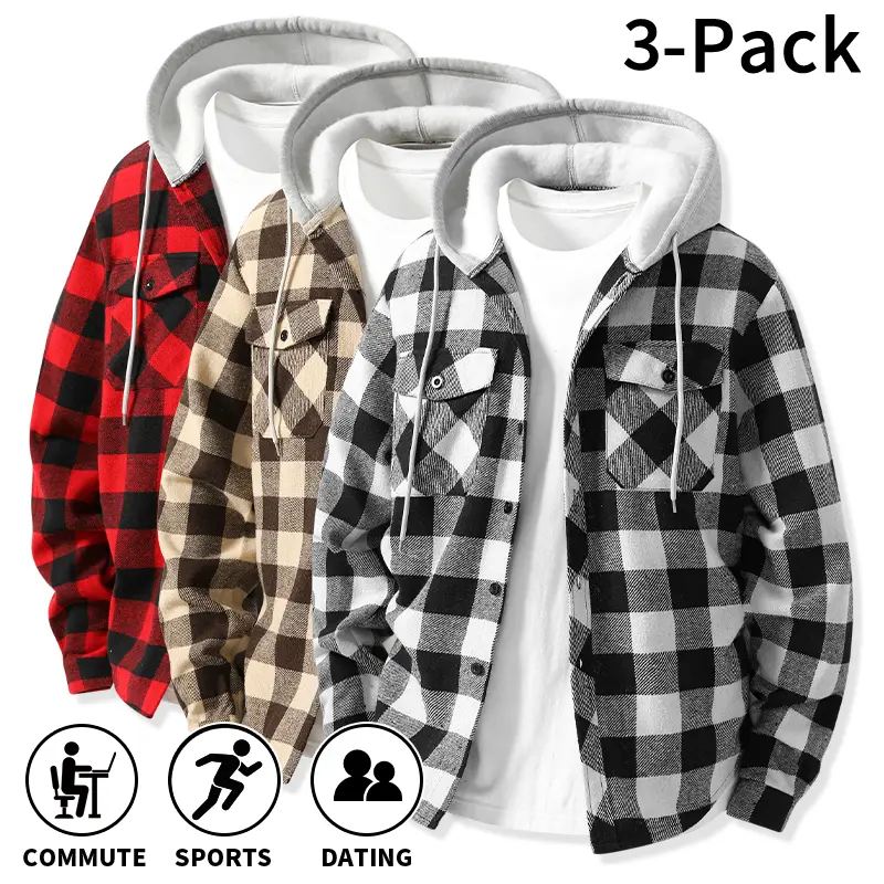 Men's Plaid Shackets, 3-Pack Casual Hooded Tops with Long Sleeves, Loose Fit Vintage Checked Menswear