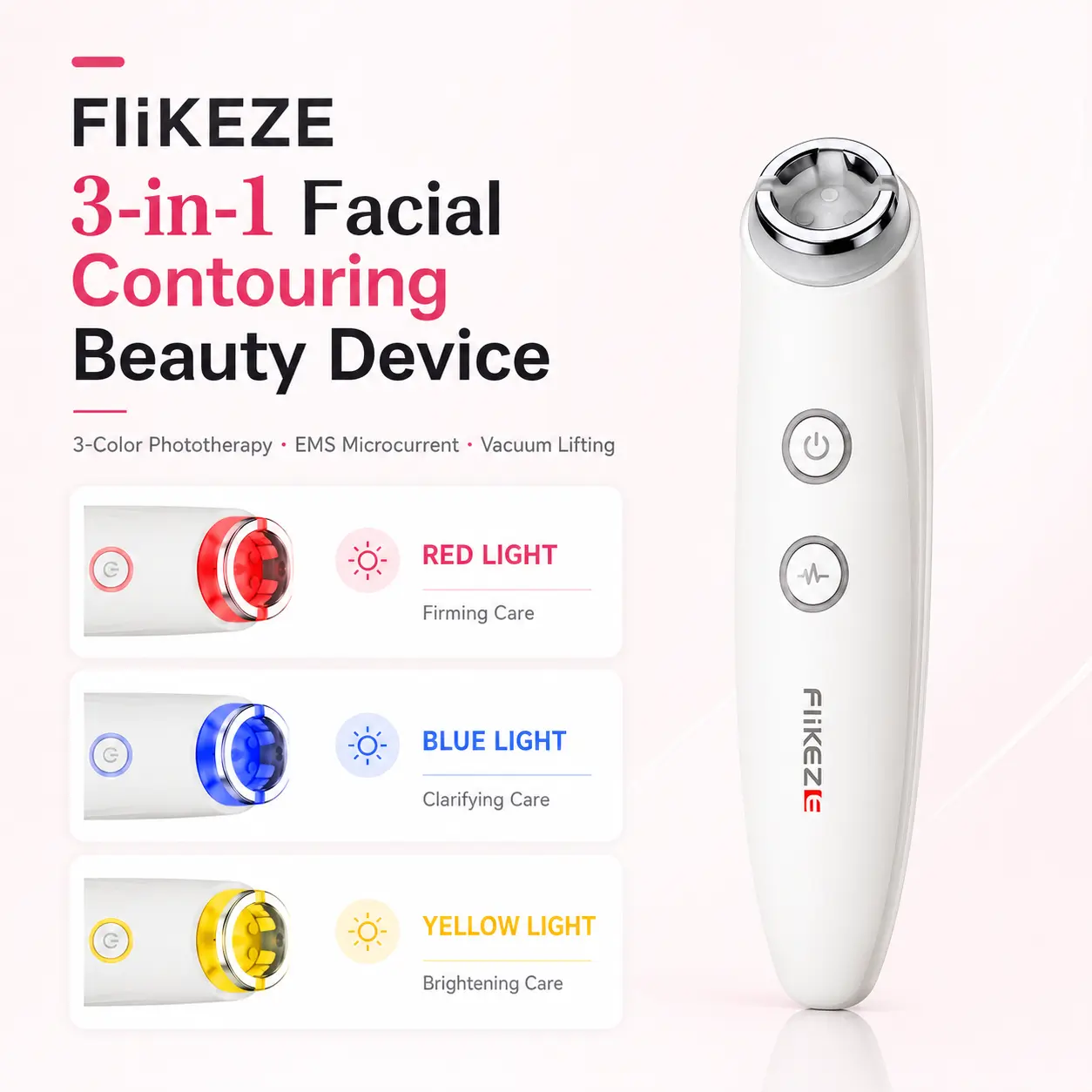 FliKEZE 3-in-1 Pearl White Facial Beauty Device - Negative Pressure Lifting, 3-Color LED Light Therapy, Adjustable Microcurrent for Skin Firming & Facial Puffiness Reduction