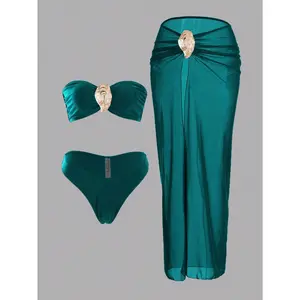 Strapless Bandeau Swimsuits High Waisted Bikini Sets with Beach Sarong Coverup Skirts Bathing Suits