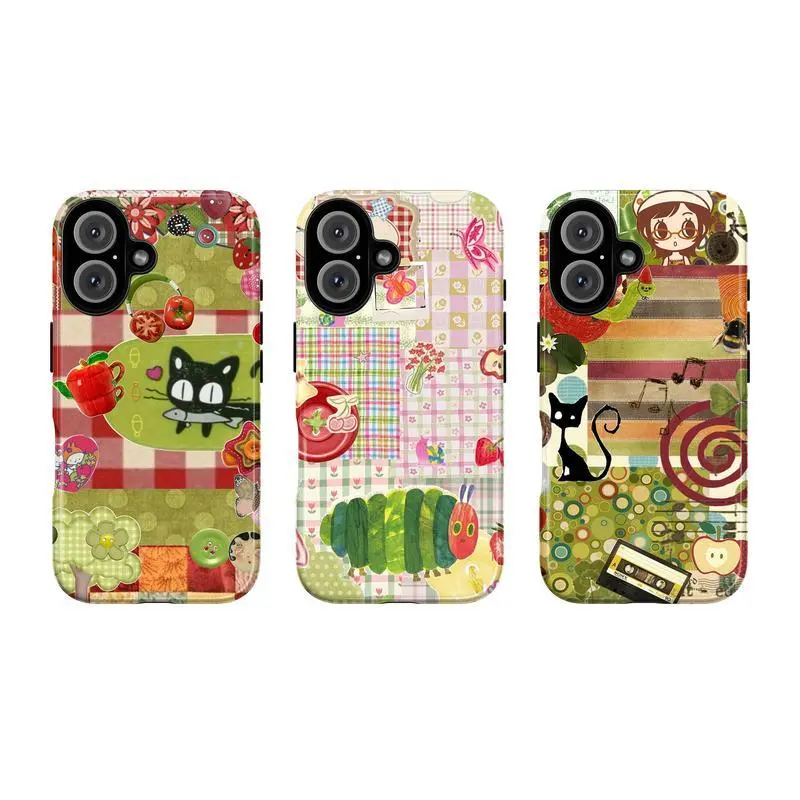 Retro Cartoon Patchwork Phone Case for iPhone & Samsung | Kawaii Cat, Caterpillar, Music Tape Soft Cover