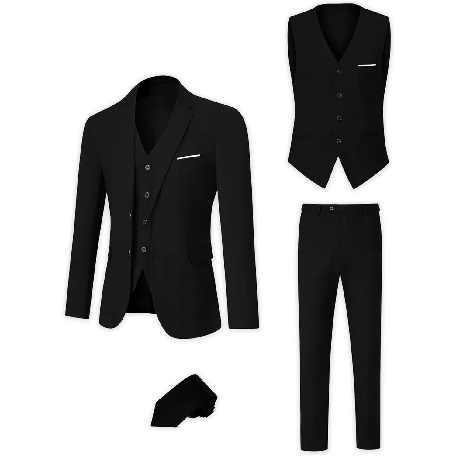 Men's Suit Slim Fit 3 Pieces Suit Set, Business Casual Suits for Men Two Button Soild Jacket Vest Pants Set with Tie