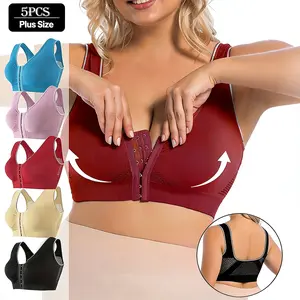 5pcs Women's Plus Size Seamless Sports Bras Front Closure Full Coverage Wireless Support with Removable Pads Breathable Mesh Fabric V-Neck Design