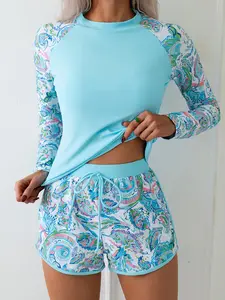 Women's Light Blue Paisley Print Raglan Sleeve Rash Guard Set, UPF 50+ Long Sleeve 2-Piece Drawstring Waist Swimsuit for Outdoor Activities